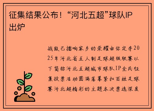 征集结果公布！“河北五超”球队IP出炉
